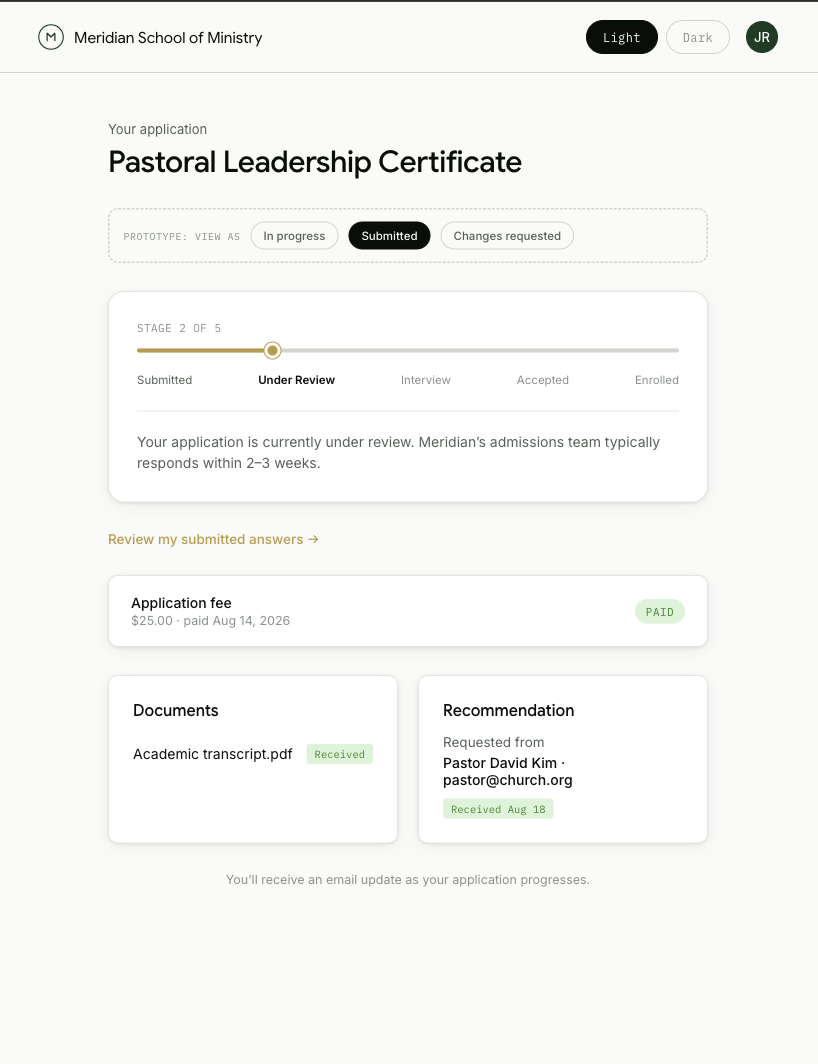 Applicant's admissions status page