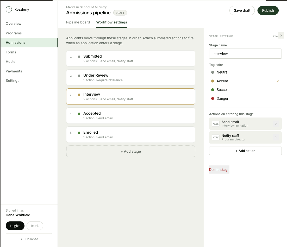 Admissions pipeline workflow settings